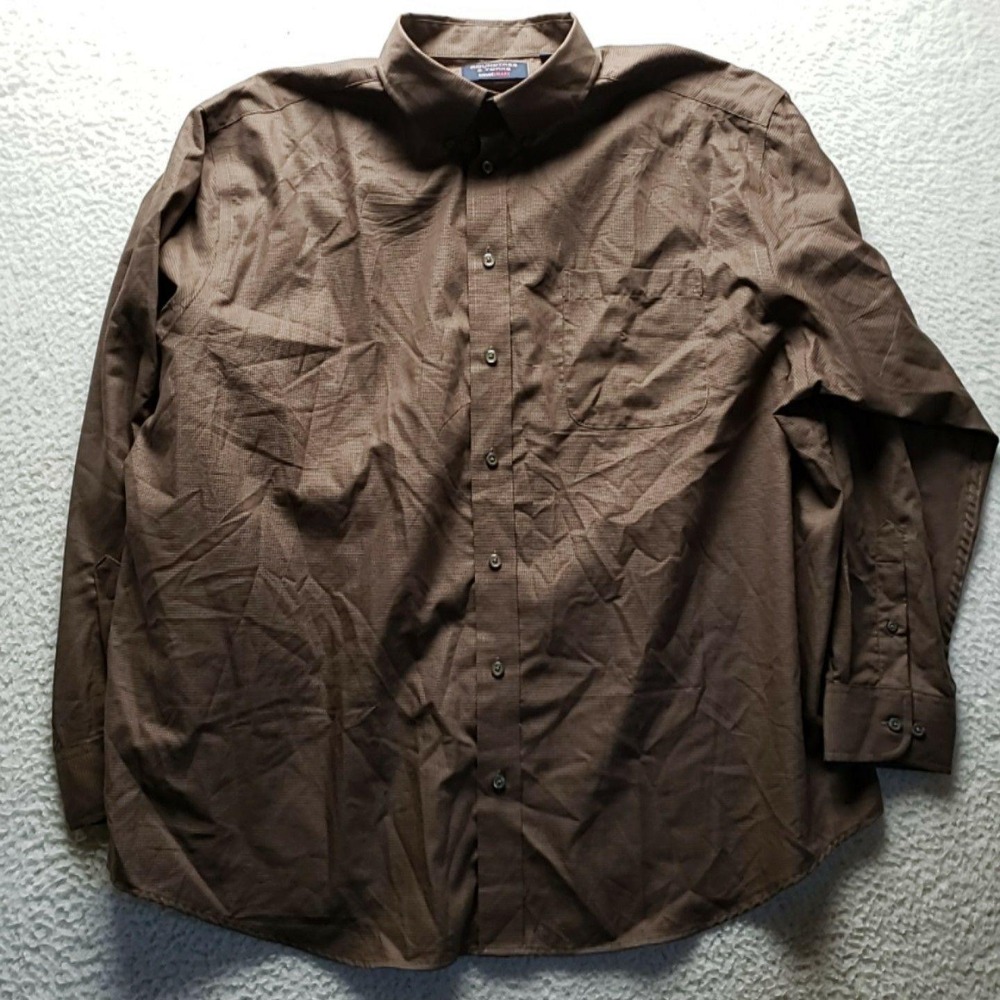 Roundtree & Yorke Dress Shirt Mens Big 2X Brown Houndstooth Classic Fit LS